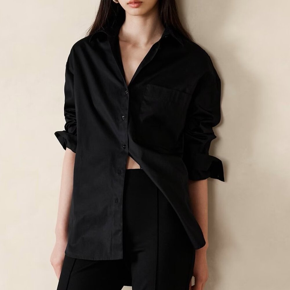 NWT Banana Republic RT$90 Black The Oversized Cotton Poplin Tunic Shirt S Petite